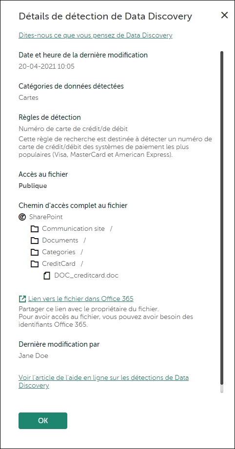 Fenêtre Détails de détection de Data Discovery.