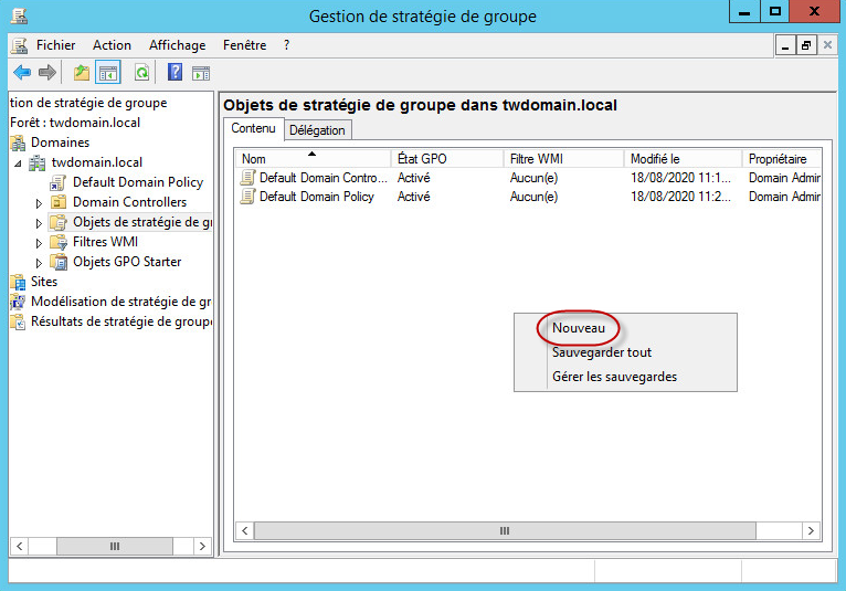 Fenêtre Gestion des stratégies de groupe. Option Nouveau du menu contextuel.