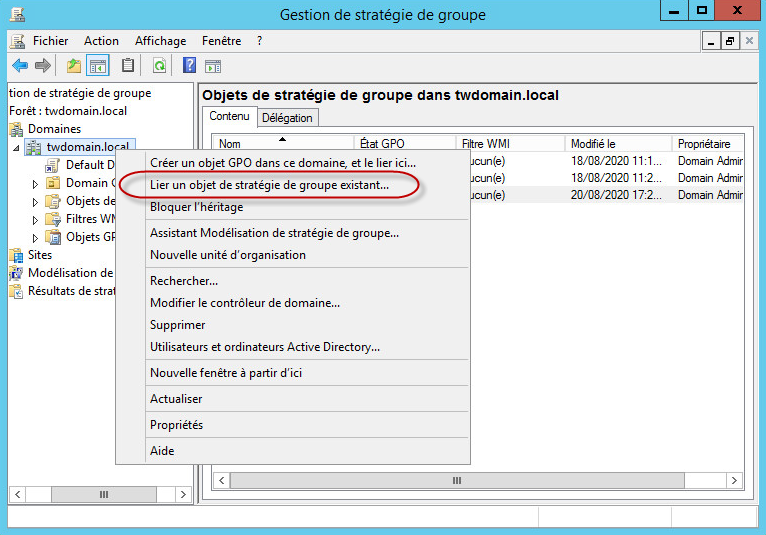 Fenêtre Gestion des stratégies de groupe. Option Associer un GPO existant du menu contextuel.