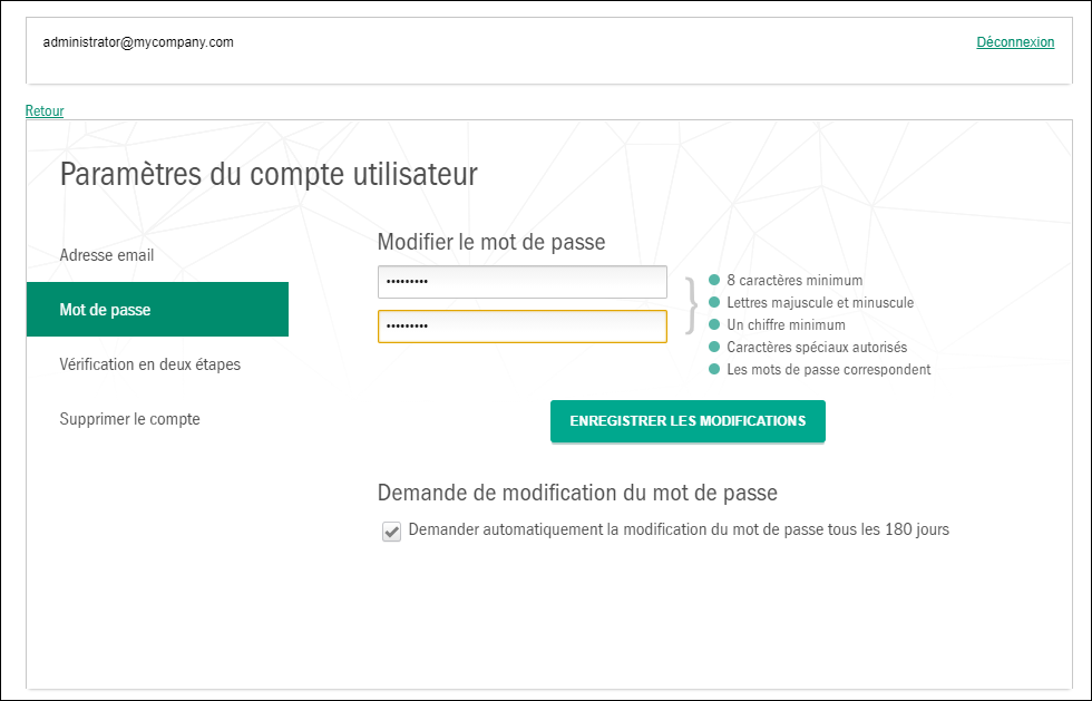 Fenêtre Paramètres du compte utilisateur. Onglet Mot de passe.