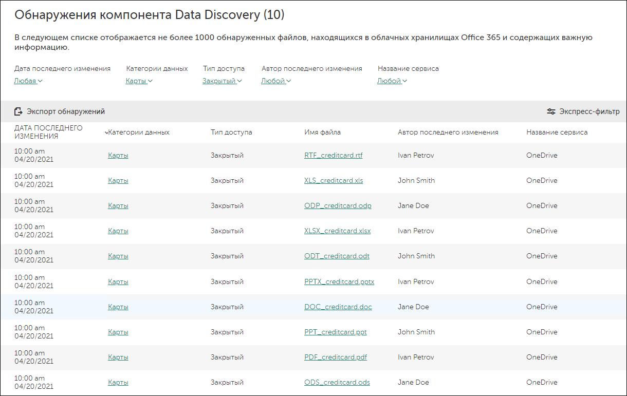 Окно "Обнаружения компонента Data Discovery".