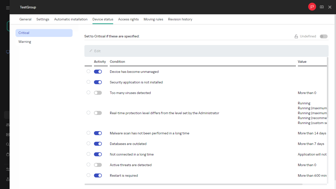 Setting the Critical status in the Device status group.