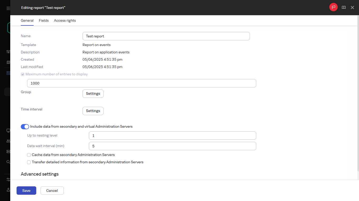 The General tab of the report editing window.