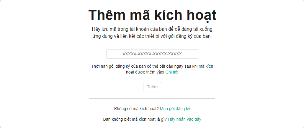 Cửa sổ để thêm mã kích hoạt vào tài khoản của bạn