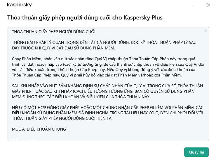 Cửa sổ chứa nội dung của Thỏa thuận giấy phép người dùng cuối