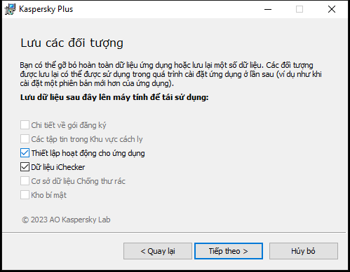 Cửa sổ để lưu thiết lập khi gỡ bỏ ứng dụng
