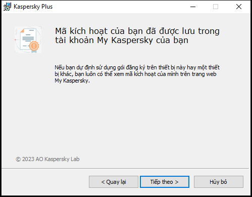 Cửa sổ chứa gói đăng ký được lưu thành công trong tài khoản My Kaspersky